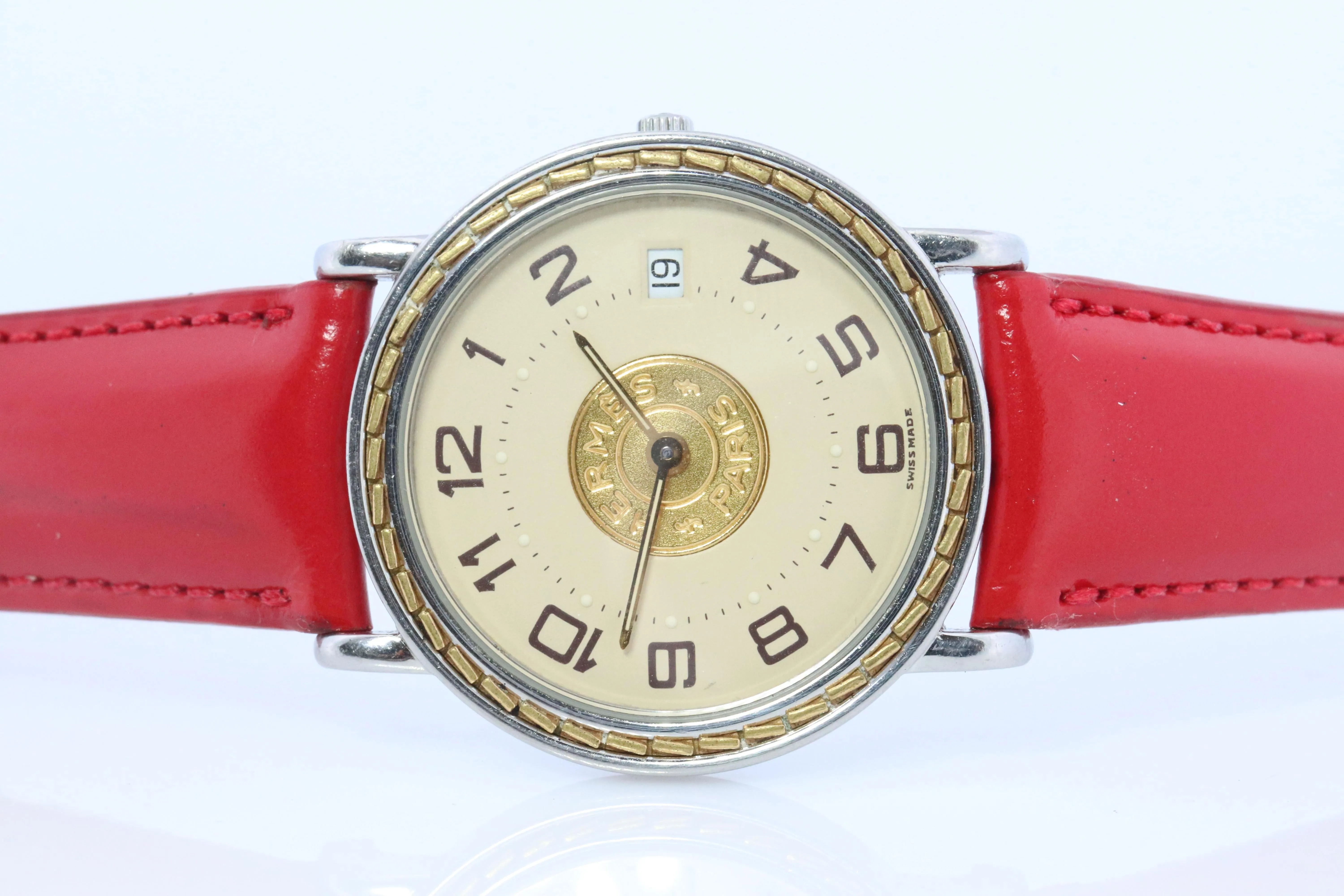 Genuine HERMES Sellier 32mm Round SS and 18k Quartz Watch White Dial.