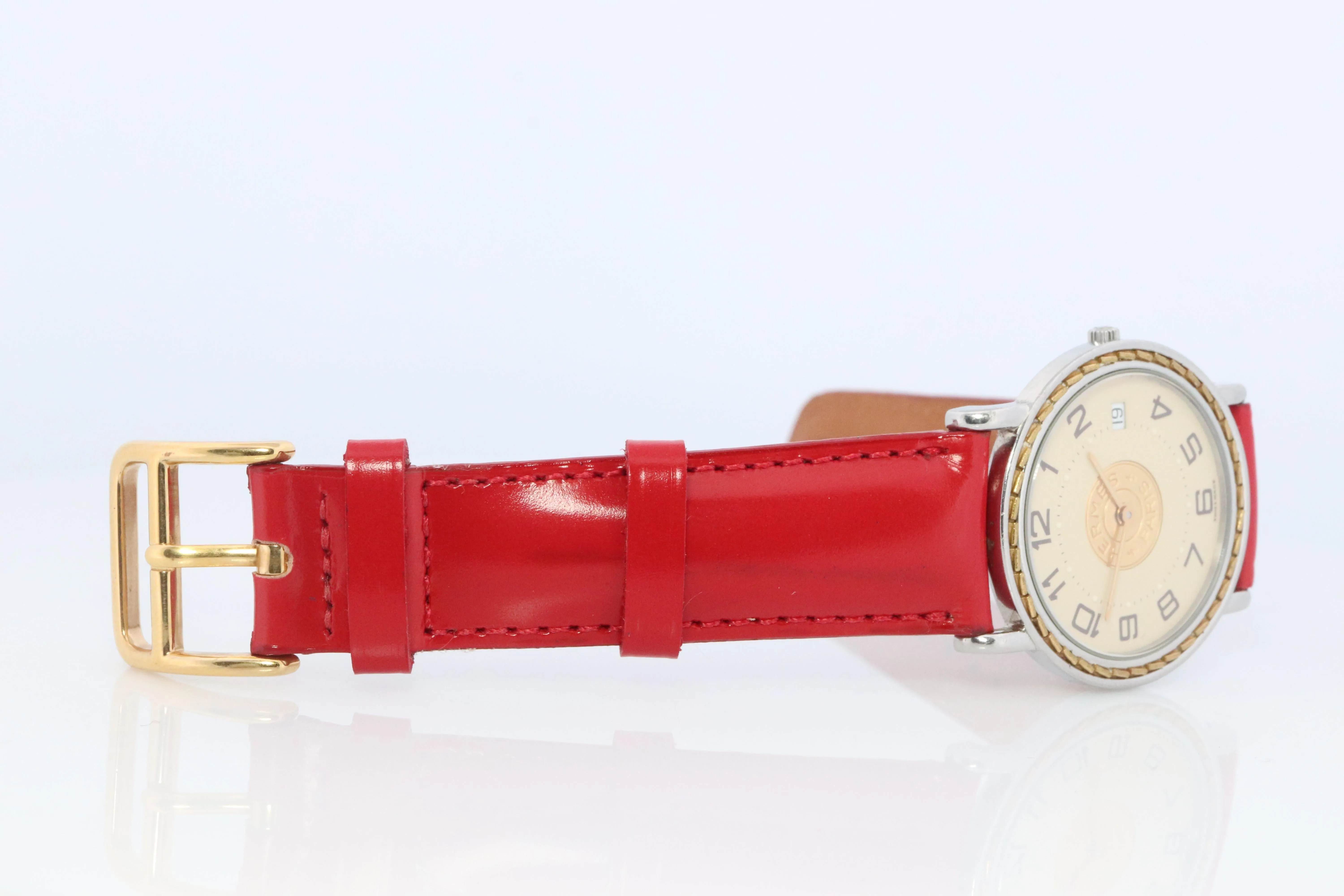 Genuine HERMES Sellier 32mm Round SS and 18k Quartz Watch White Dial.