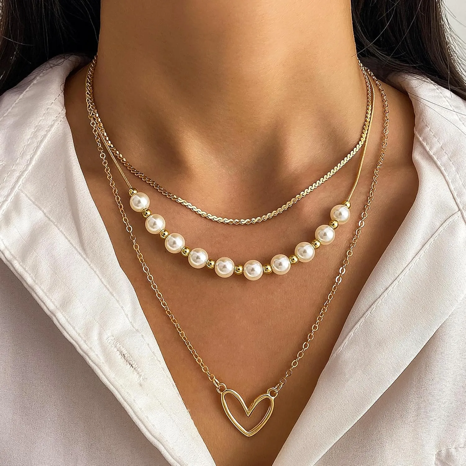 Gold Layered Necklaces Pearl Chunky Gold Statement layered Paperclip Adjustable Layering Chain Choker Necklace Jewerly Set for Women