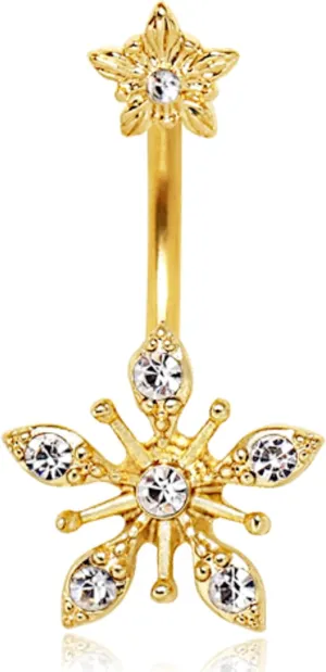 Gold Plated Snow Ice Crystal Flower Navel Belly Ring 316L Stainless Steel Size 14GA 3/8"