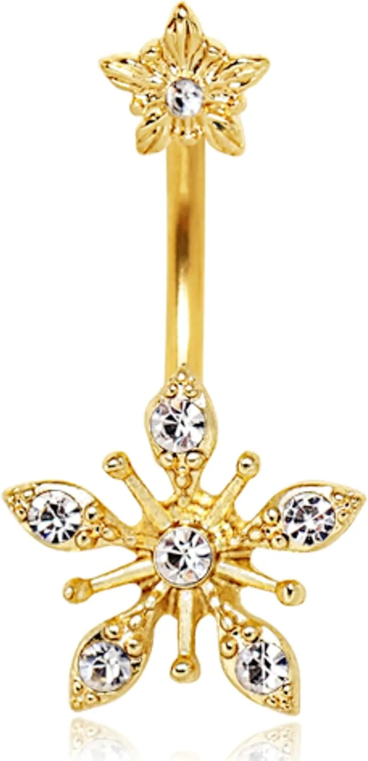 Gold Plated Snow Ice Crystal Flower Navel Belly Ring 316L Stainless Steel Size 14GA 3/8"