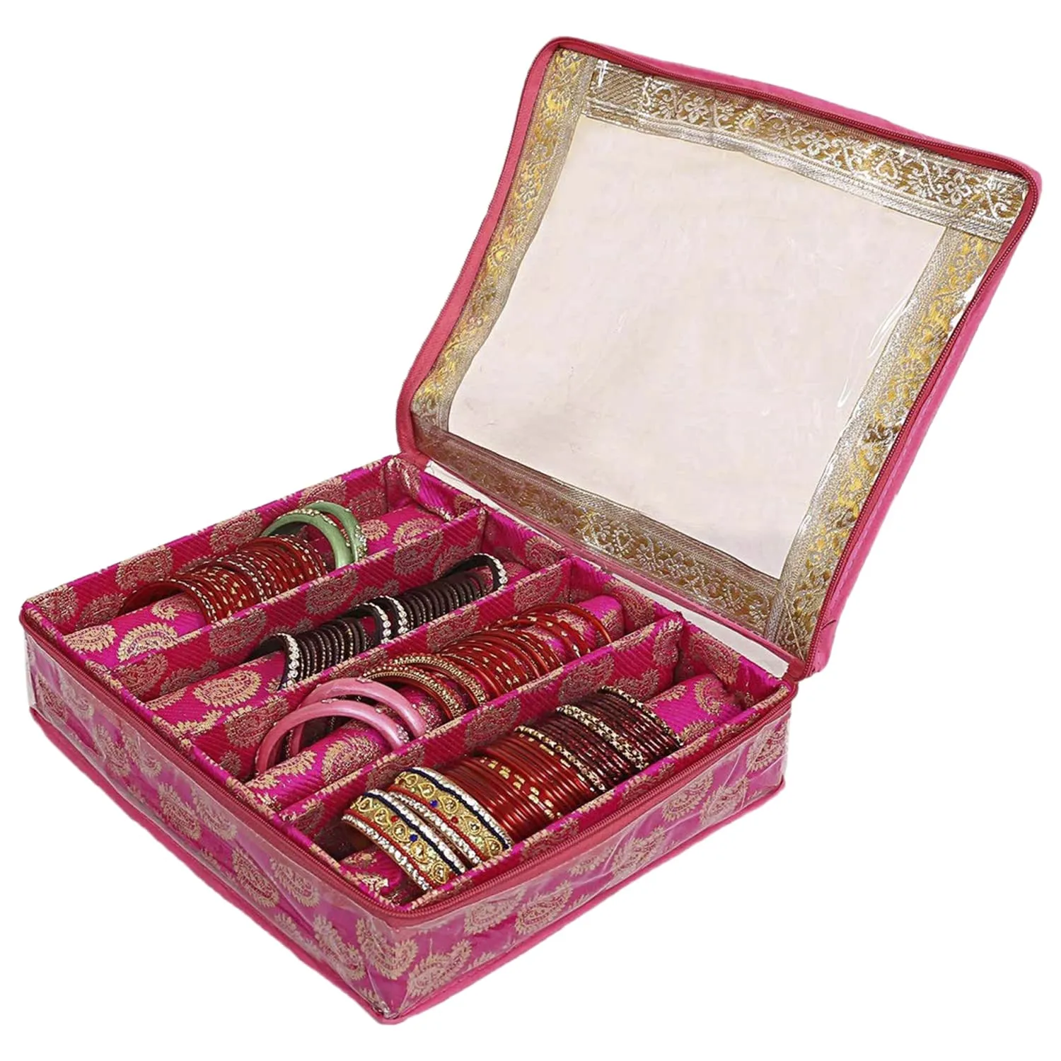 Heart Home Carry Design Laminated 4 Rod Box, Organizer For Bangle, Watches, Bracelets, Jewellery With Tranasparent Top - Pack of 2 (Pink)-47HH0112