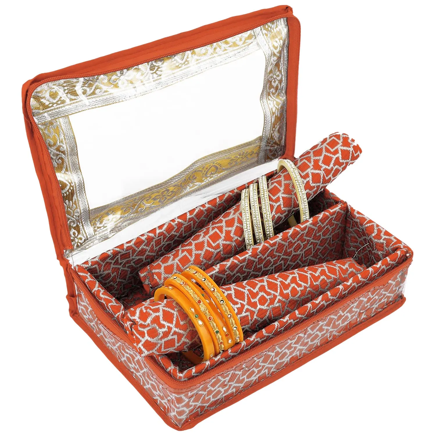 Heart Home Feather Design Laminated 2 Rod Box, Organizer For Bangle, Watches, Bracelets, Jewellery With Tranasparent Top - Pack of 2 (Orange)-47HH0152