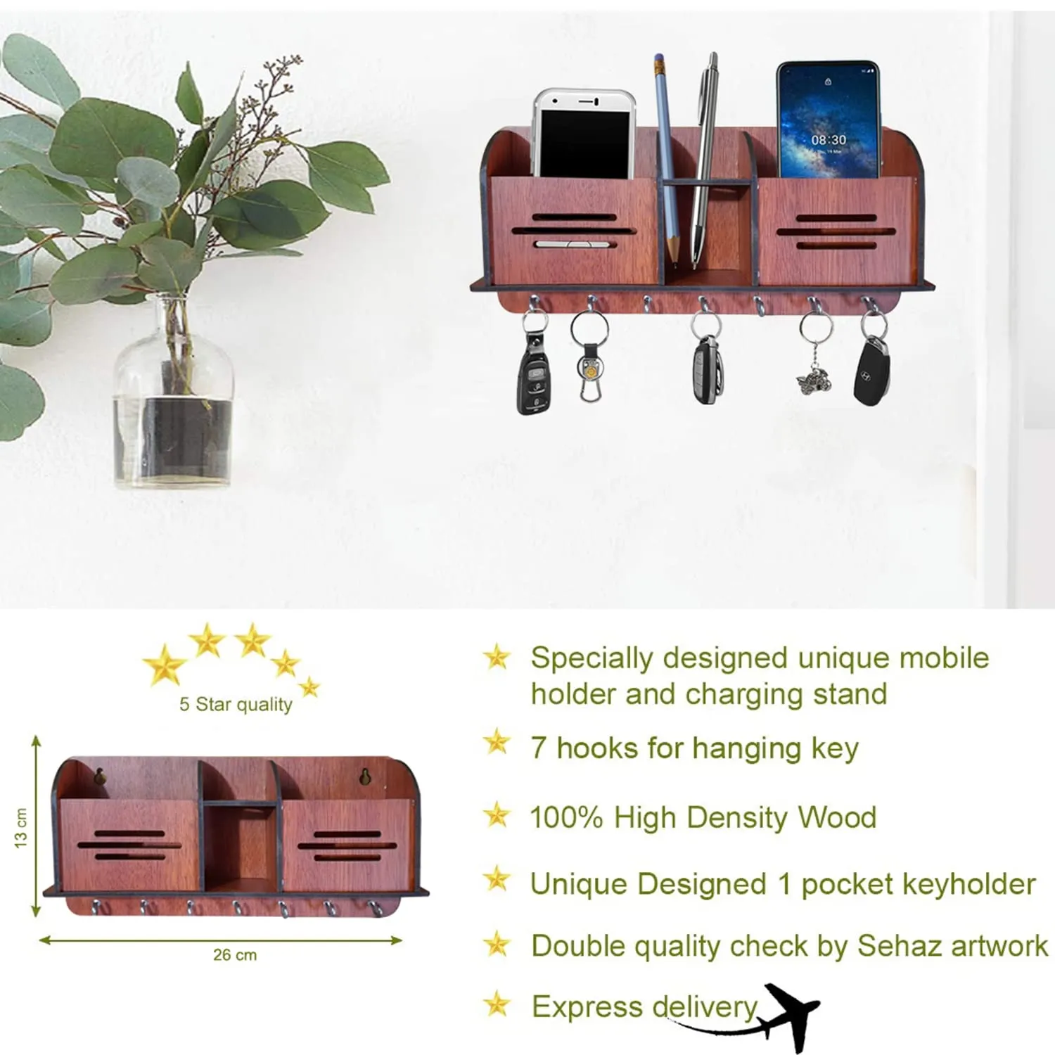 Heart Home Wooden Line Design 7 Hooks Key Holder | Pen & Pencil Holder | Mobile Stand with Charging Slots (Brown)
