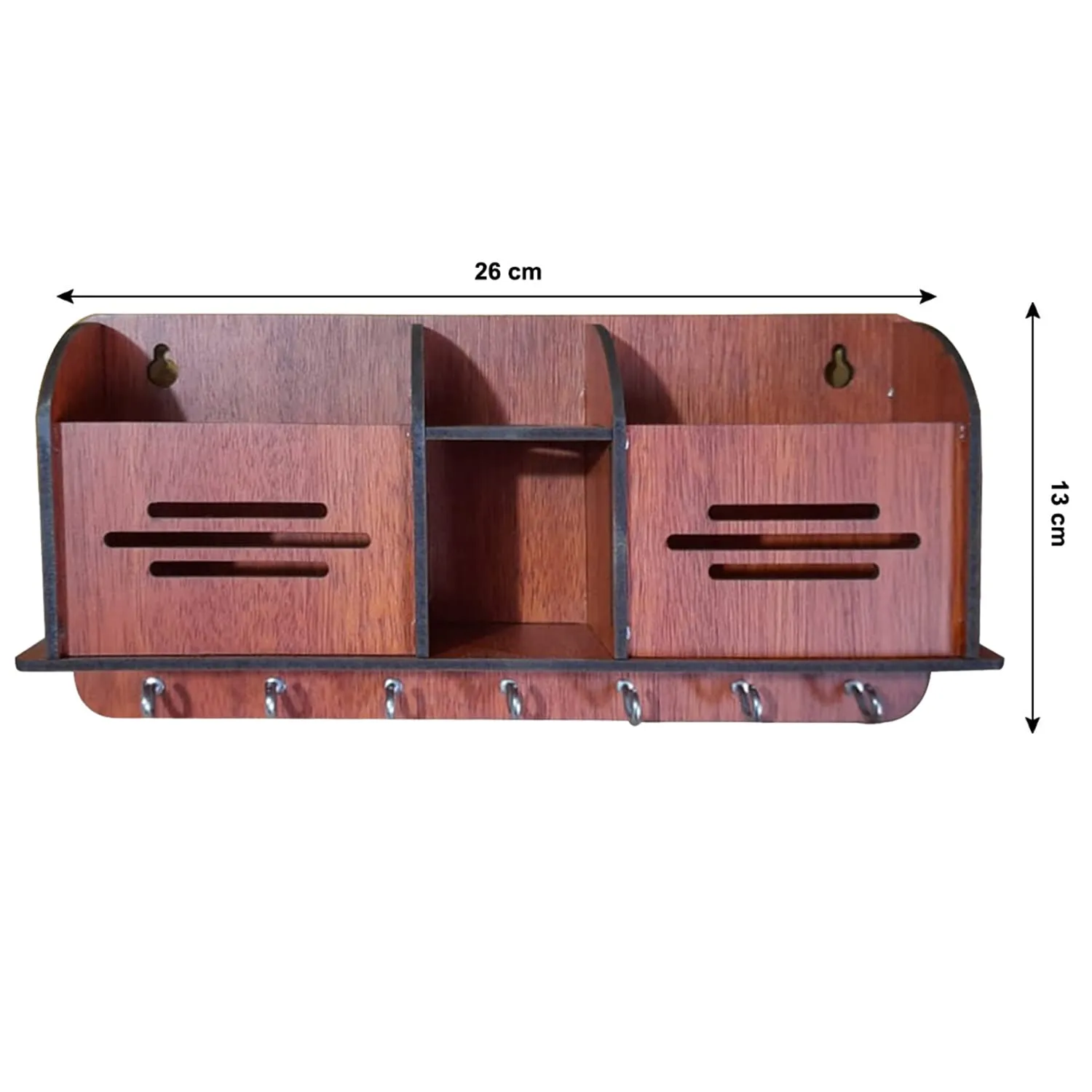 Heart Home Wooden Line Design 7 Hooks Key Holder | Pen & Pencil Holder | Mobile Stand with Charging Slots (Brown)