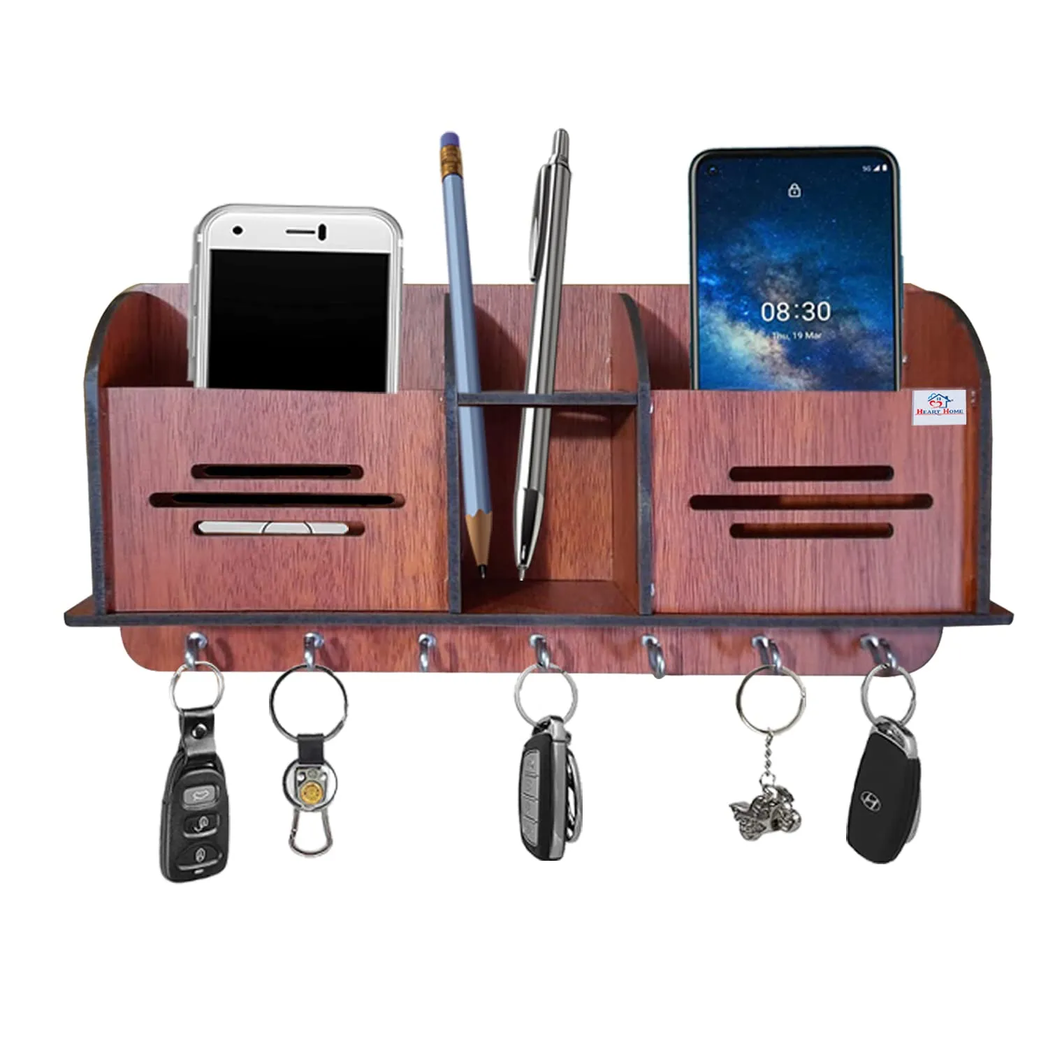 Heart Home Wooden Line Design 7 Hooks Key Holder | Pen & Pencil Holder | Mobile Stand with Charging Slots (Brown)