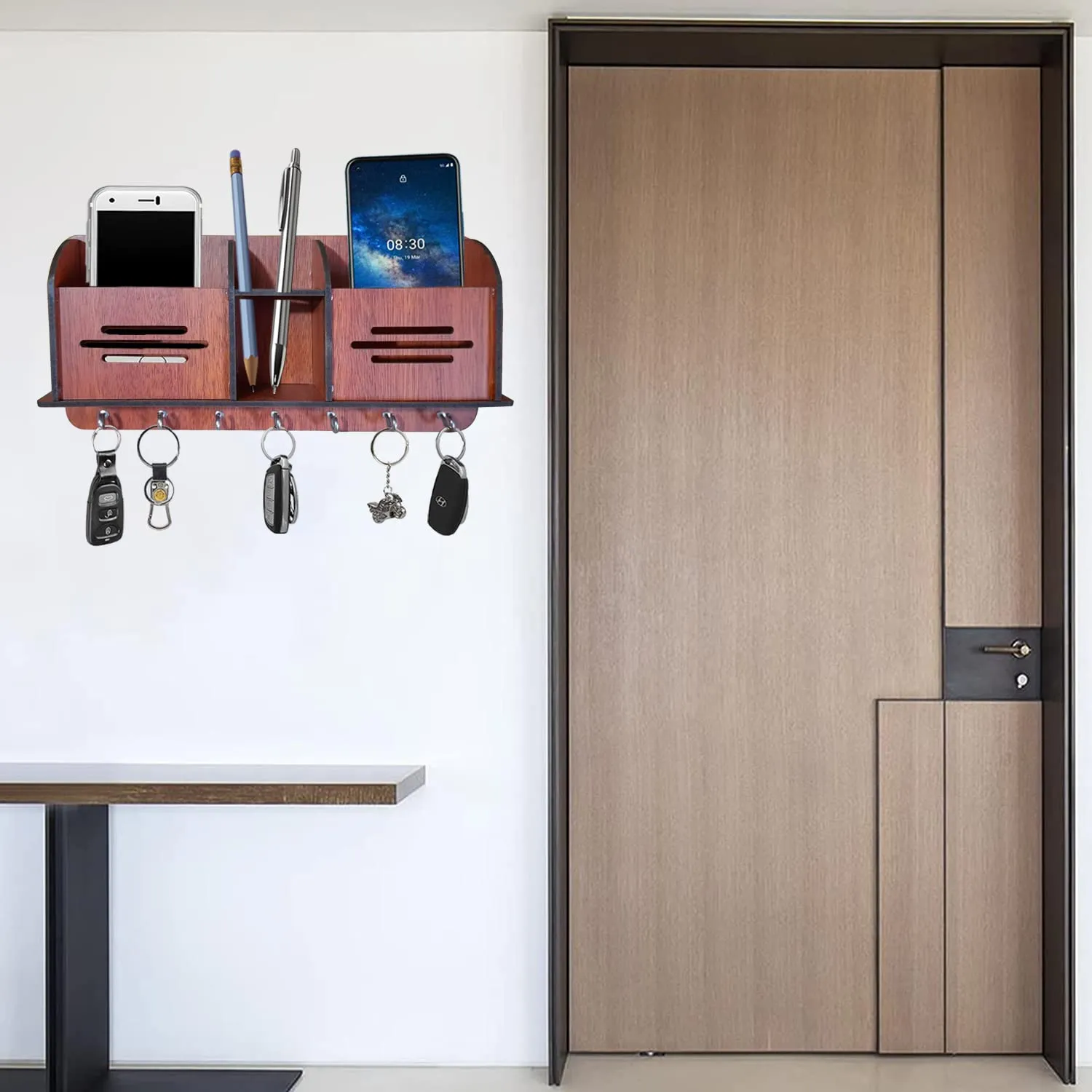 Heart Home Wooden Line Design 7 Hooks Key Holder | Pen & Pencil Holder | Mobile Stand with Charging Slots (Brown)