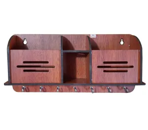 Heart Home Wooden Line Design 7 Hooks Key Holder | Pen & Pencil Holder | Mobile Stand with Charging Slots (Brown)