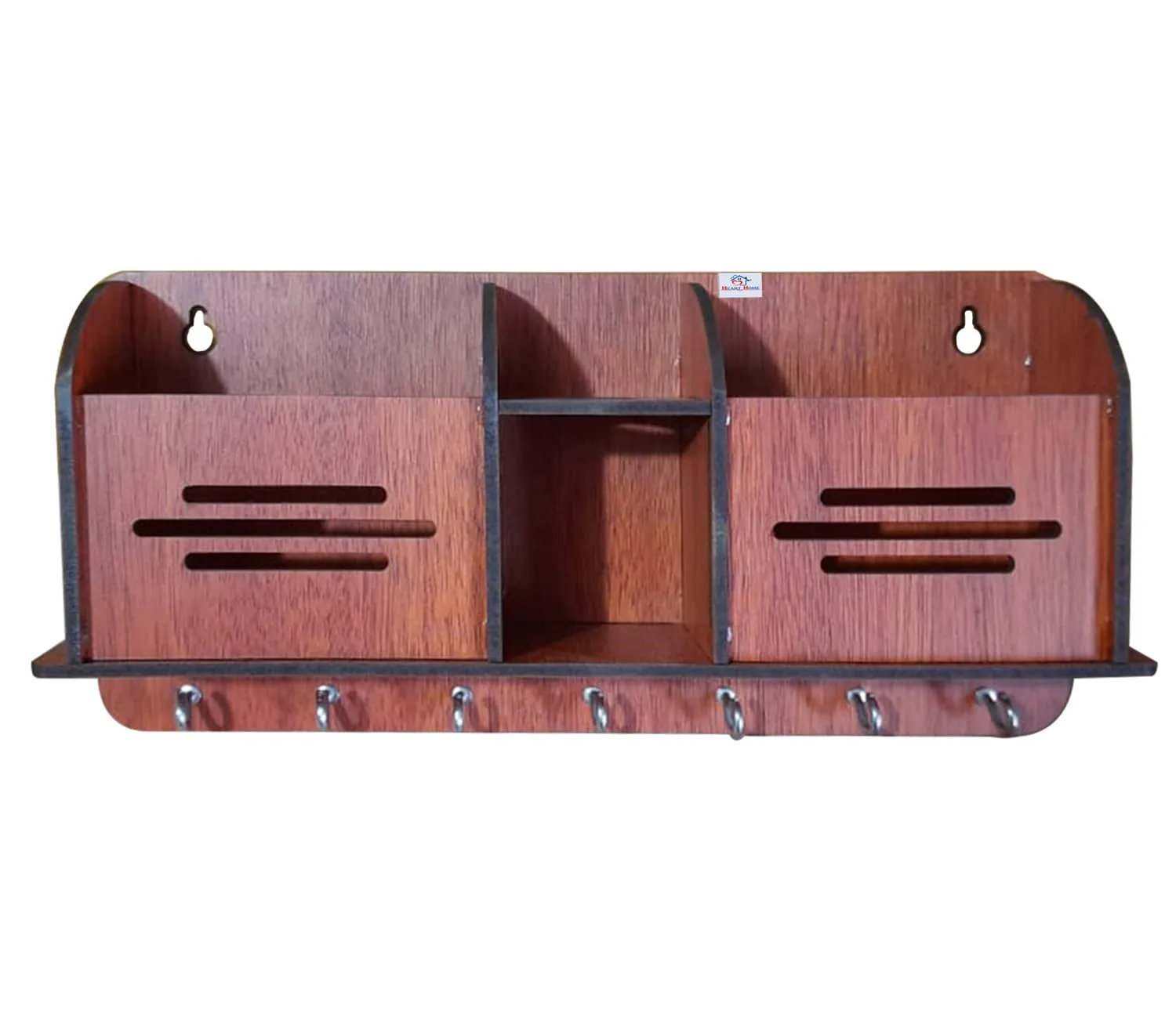Heart Home Wooden Line Design 7 Hooks Key Holder | Pen & Pencil Holder | Mobile Stand with Charging Slots (Brown)