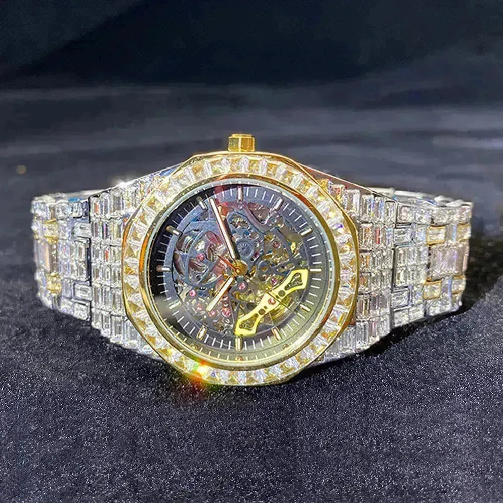 Hip Hop Full Square Diamond Luminous Hollow Mechanical Watch