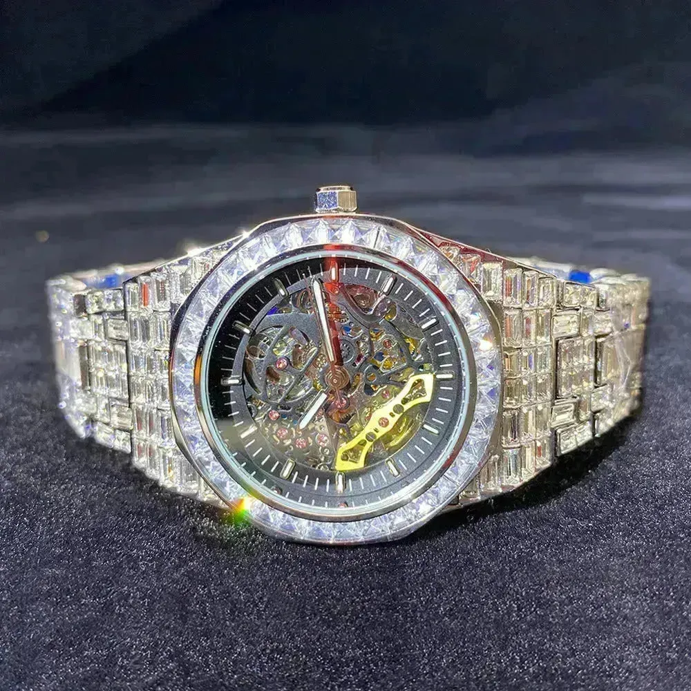 Hip Hop Full Square Diamond Luminous Hollow Mechanical Watch