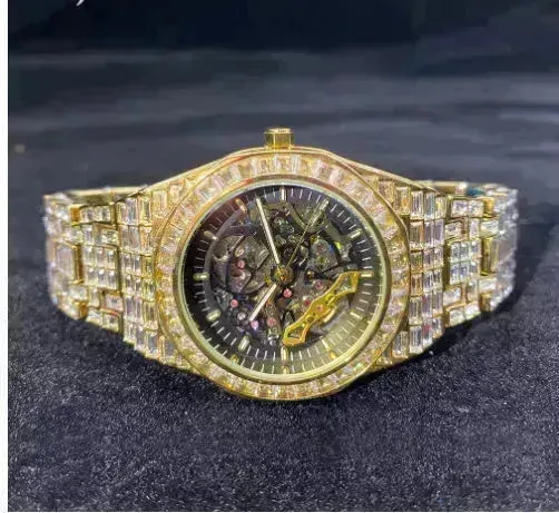 Hip Hop Full Square Diamond Luminous Hollow Mechanical Watch