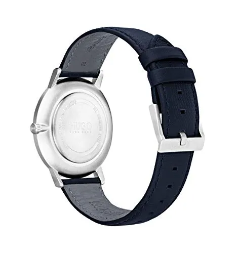Hugo Men's #Exist - Ultra Slim Quartz Stainless Steel and Leather Strap Casual Watch, Color: Blue (Model: 1520008)