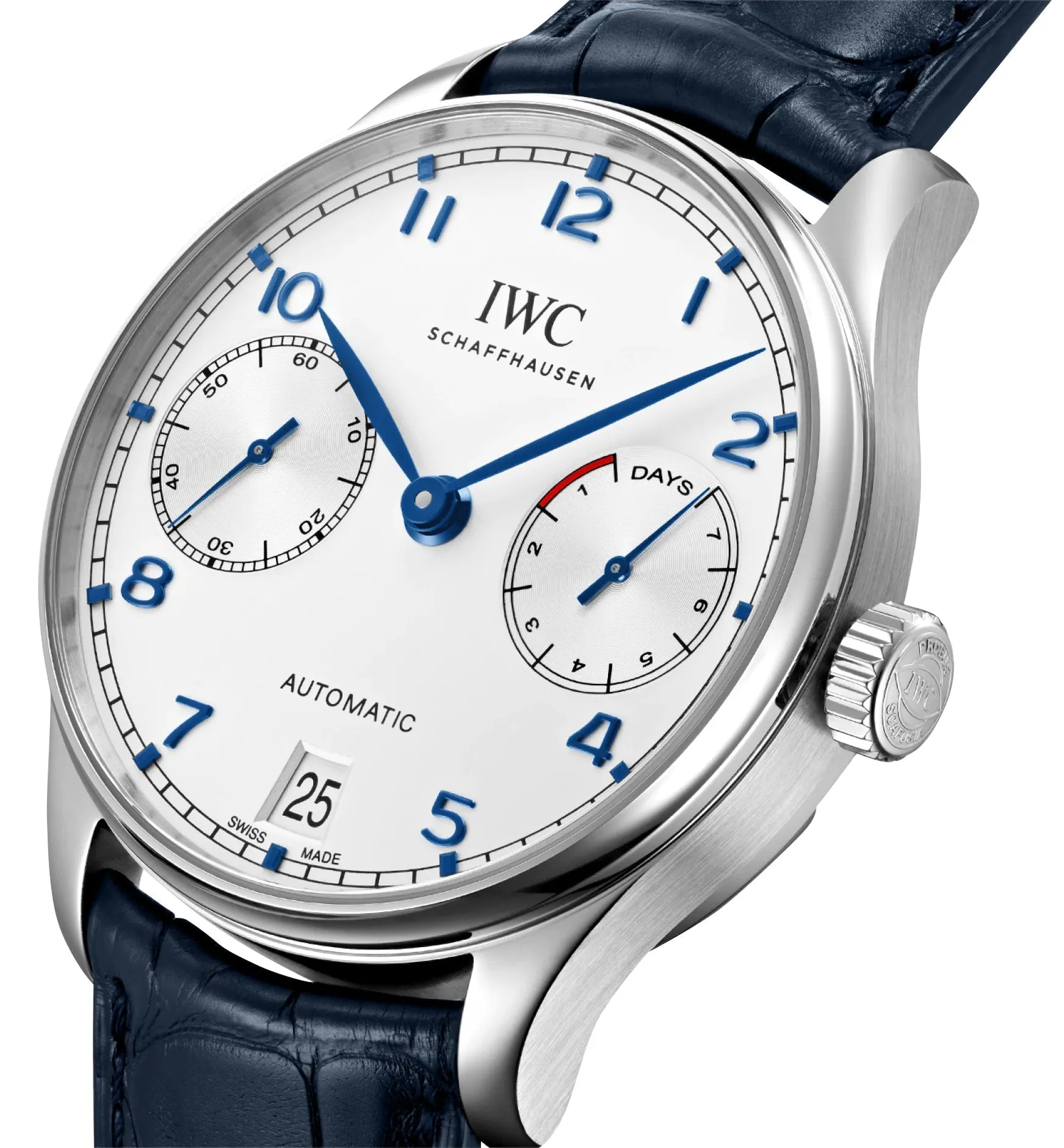 IWC Portugieser Automatic Stainless Steel Silver-Tone Dial Blue Leather Strap Date Mens Watch IW500705