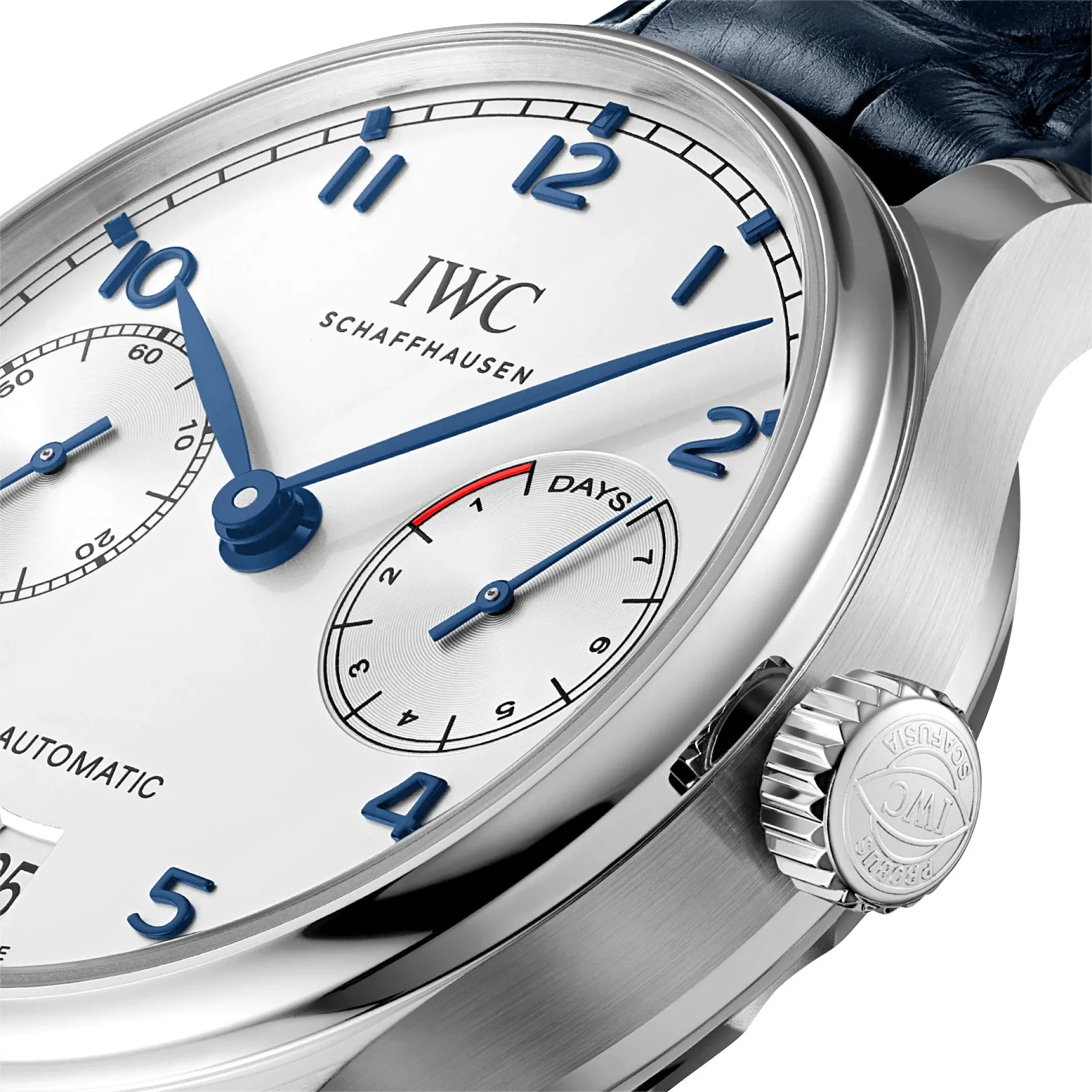 IWC Portugieser Automatic Stainless Steel Silver-Tone Dial Blue Leather Strap Date Mens Watch IW500705