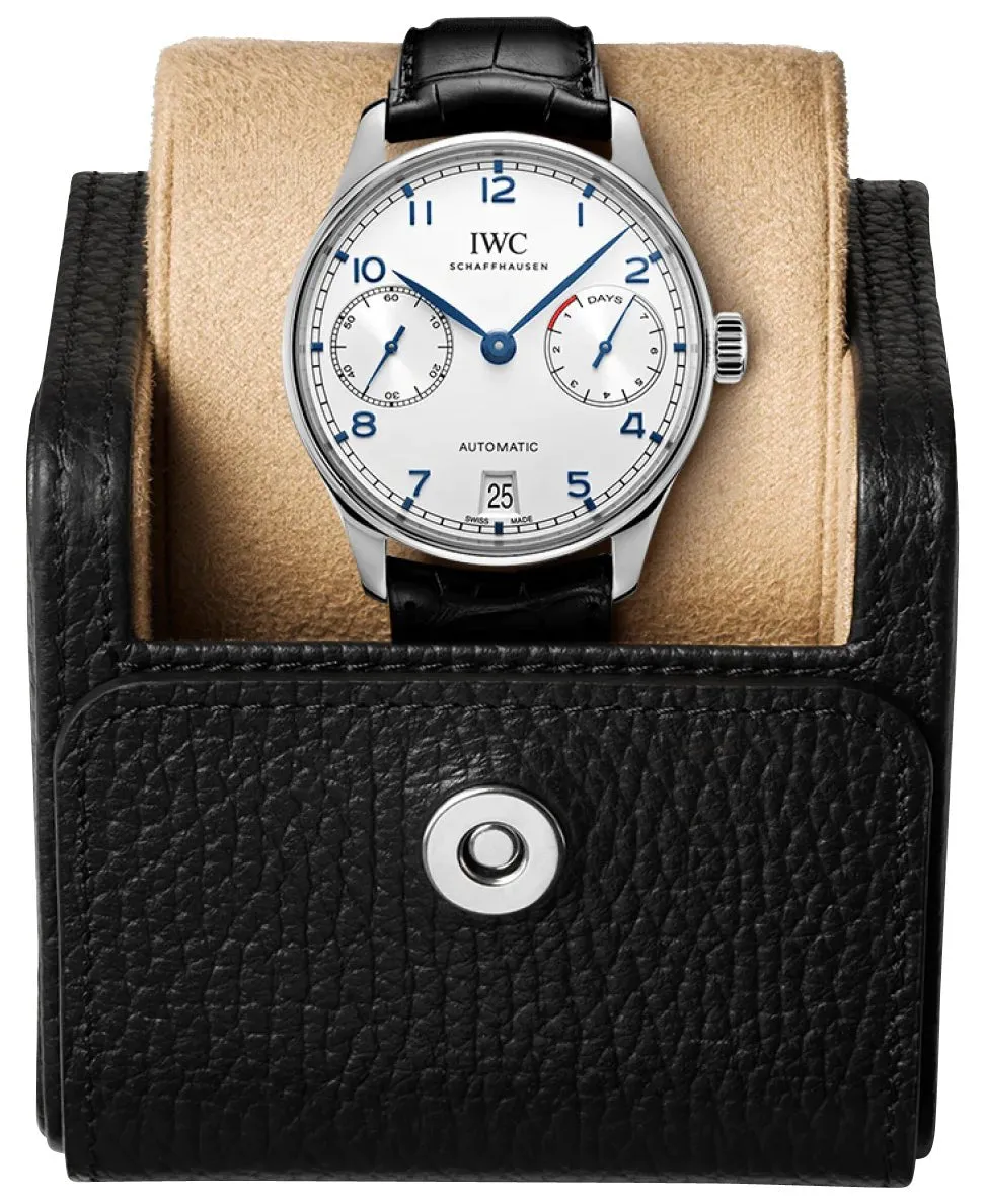 IWC Portugieser Automatic Stainless Steel Silver-Tone Dial Blue Leather Strap Date Mens Watch IW500705