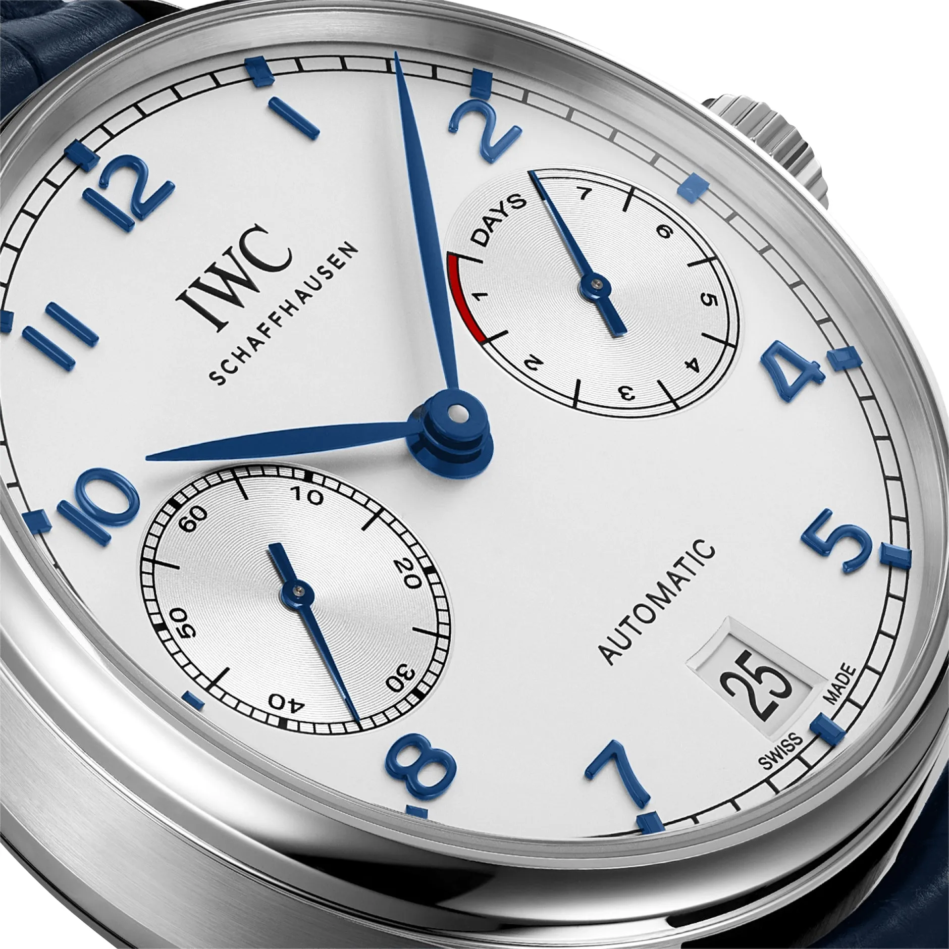 IWC Portugieser Automatic Stainless Steel Silver-Tone Dial Blue Leather Strap Date Mens Watch IW500705