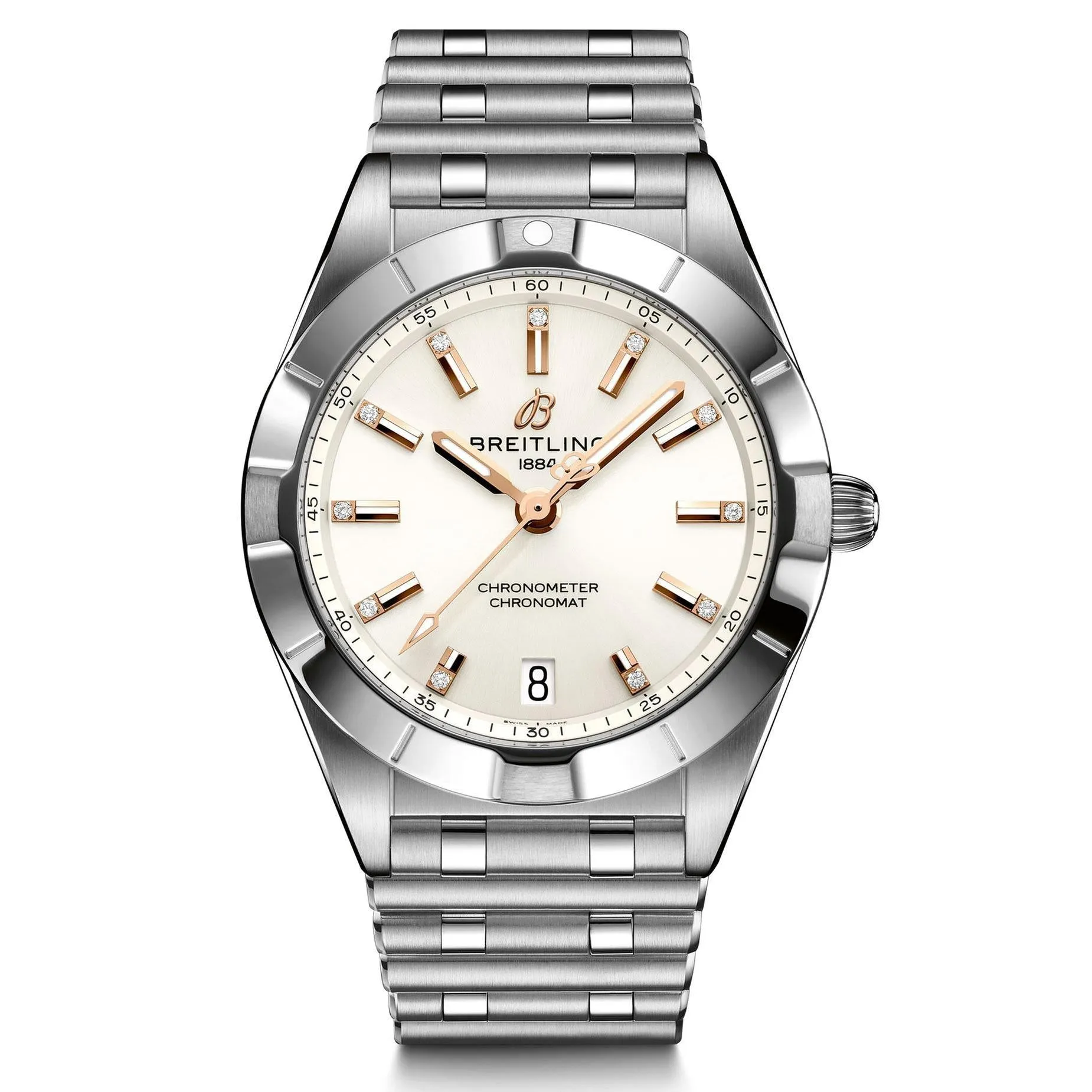 Ladies' Breitling Chronomat 32 White and Diamond Dial Stainless Steel Watch A77310101A3A1