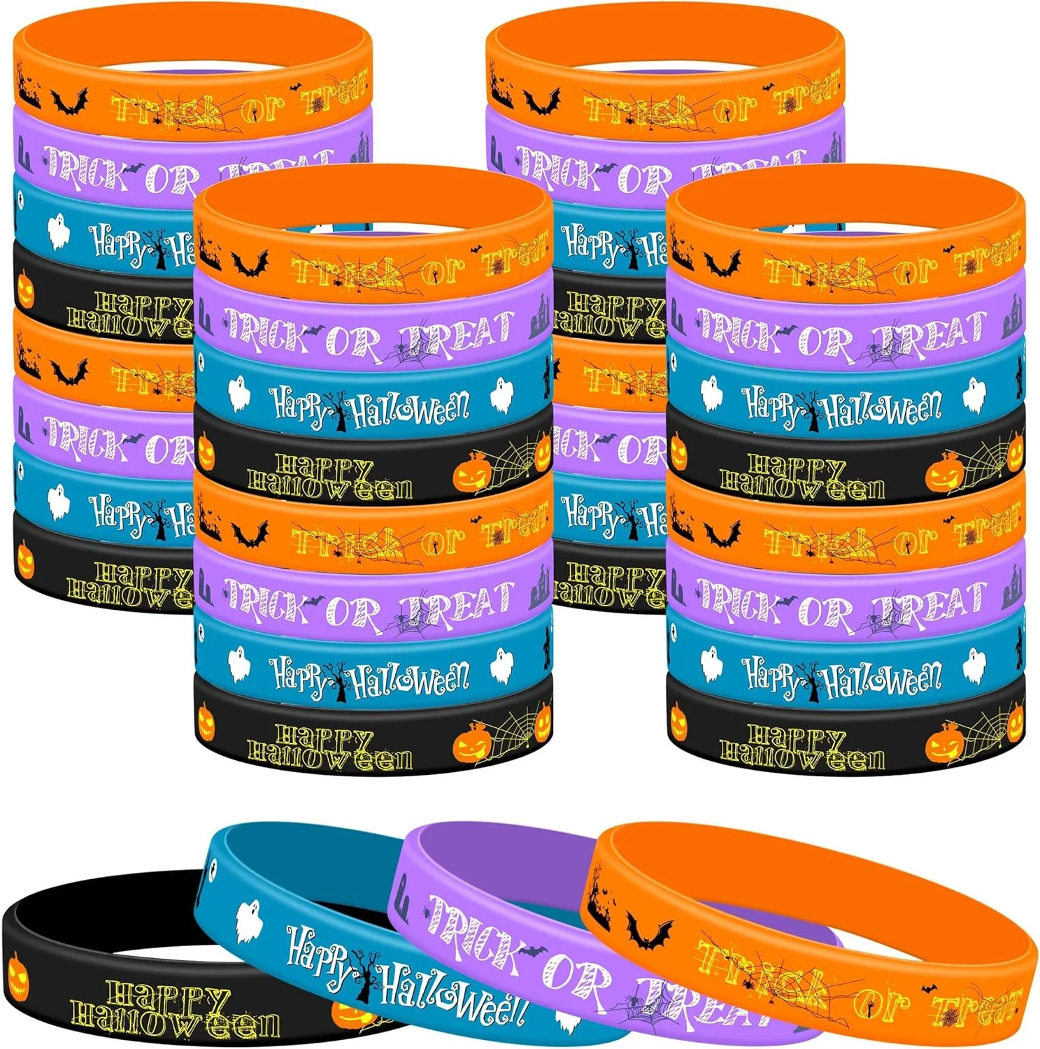 Lesnala 48 Pcs Halloween Silicone Wristband 4 Classic Styles for Kid Holiday Gifts Party Favor and Goodie Bag Fillers Supply
