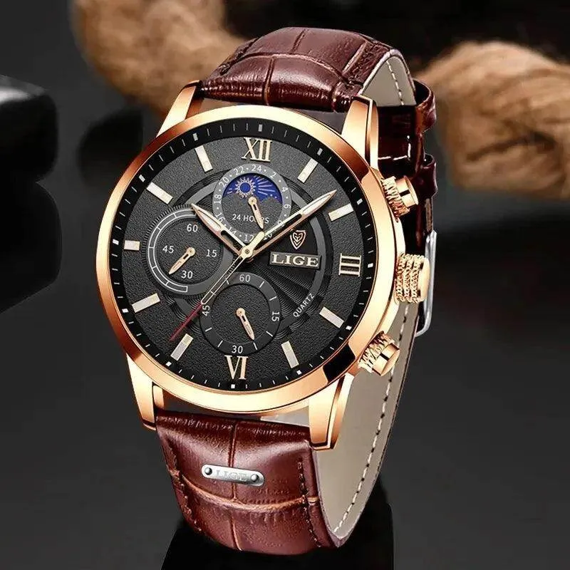 Luxury Brown Leather Casual Quartz Wristwatch for Men