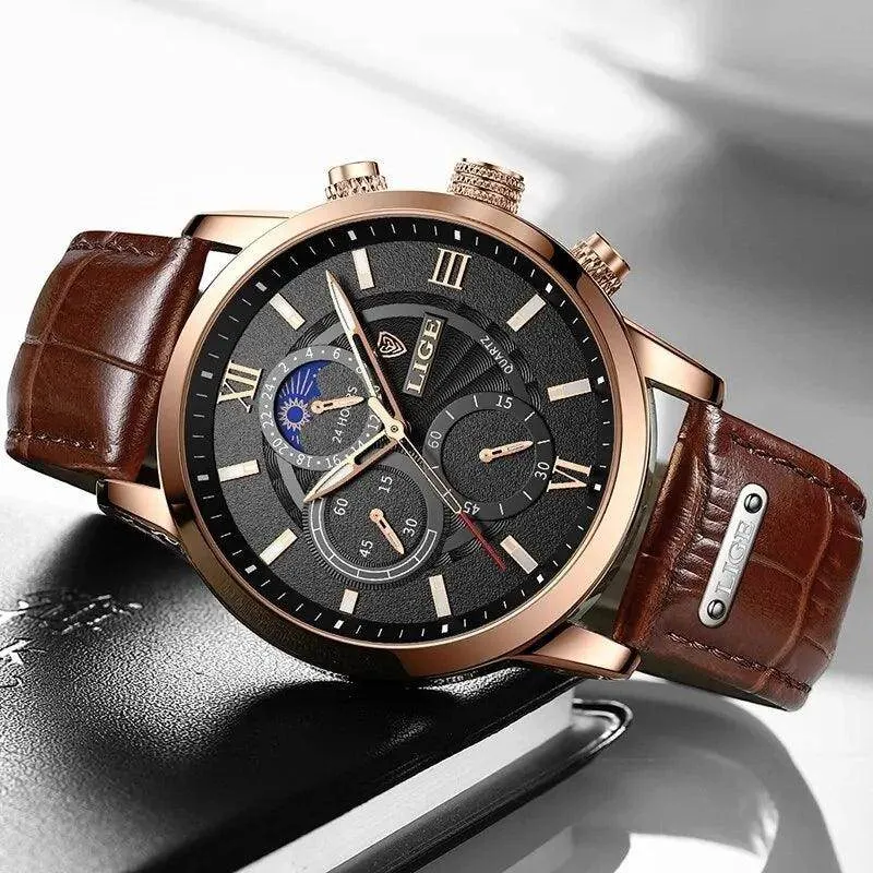 Luxury Brown Leather Casual Quartz Wristwatch for Men