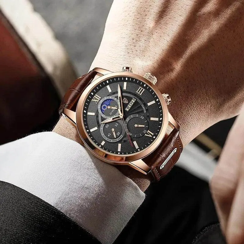 Luxury Brown Leather Casual Quartz Wristwatch for Men