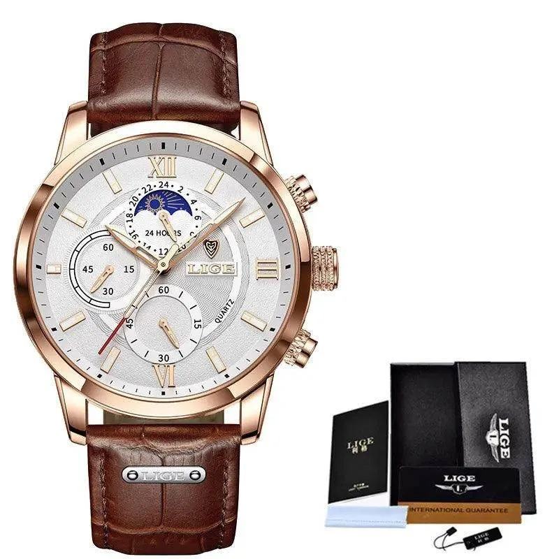 Luxury Brown Leather Casual Quartz Wristwatch for Men