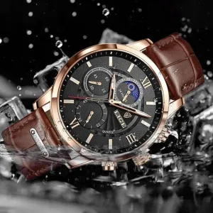 Luxury Brown Leather Casual Quartz Wristwatch for Men