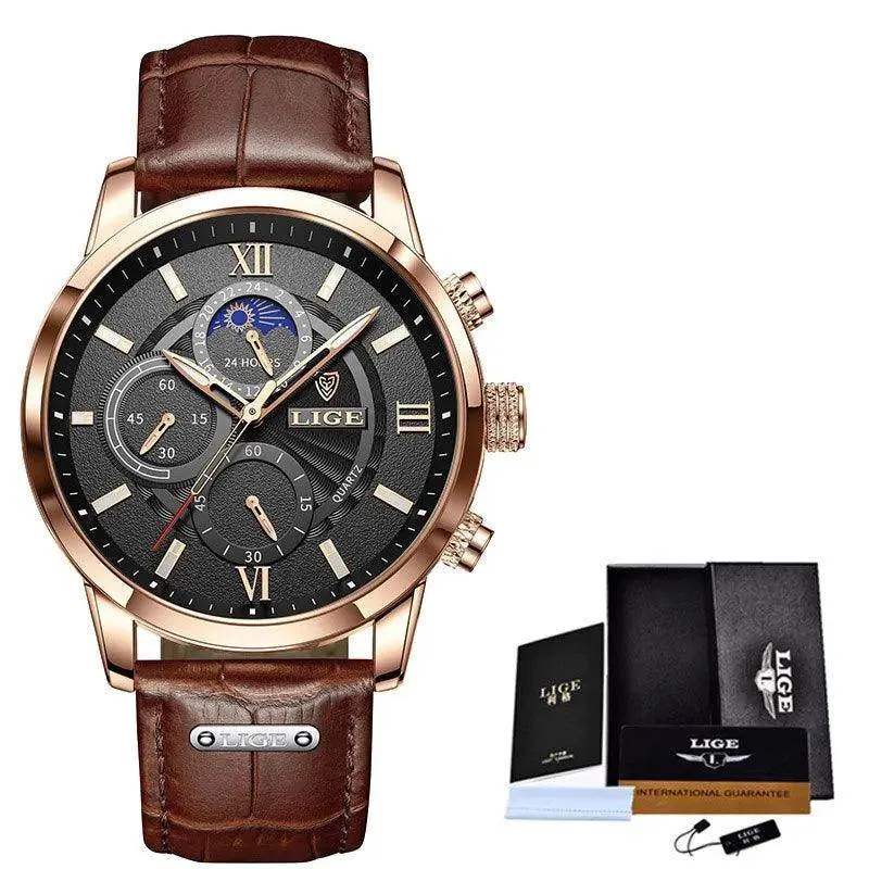 Luxury Brown Leather Casual Quartz Wristwatch for Men