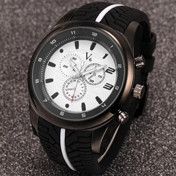 Men Fashion Tire Pattern Silicone Watchband Large Dial Quartz Analog Sport Wrist Watch