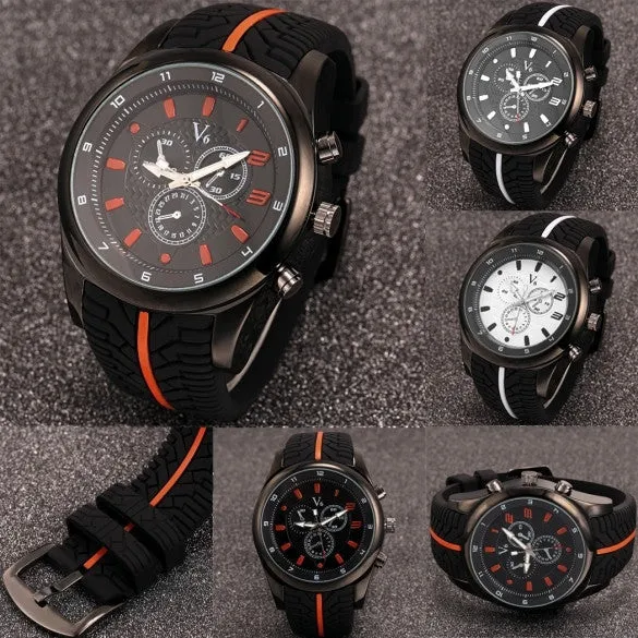Men Fashion Tire Pattern Silicone Watchband Large Dial Quartz Analog Sport Wrist Watch