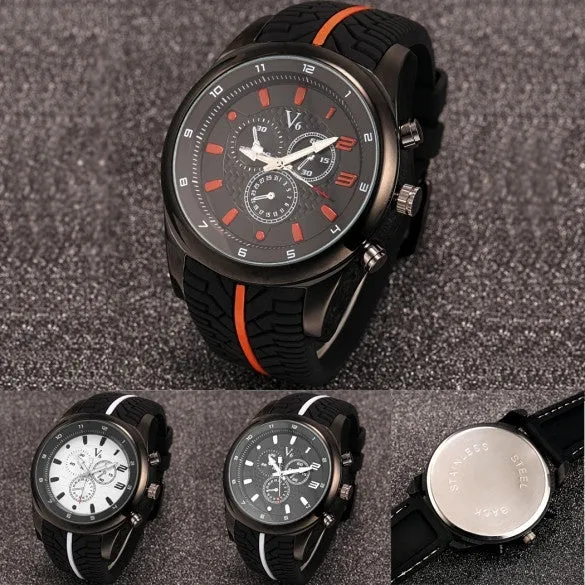 Men Fashion Tire Pattern Silicone Watchband Large Dial Quartz Analog Sport Wrist Watch