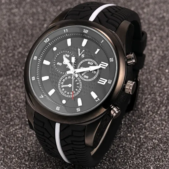 Men Fashion Tire Pattern Silicone Watchband Large Dial Quartz Analog Sport Wrist Watch