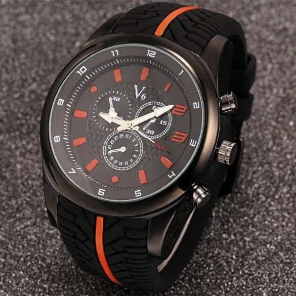 Men Fashion Tire Pattern Silicone Watchband Large Dial Quartz Analog Sport Wrist Watch