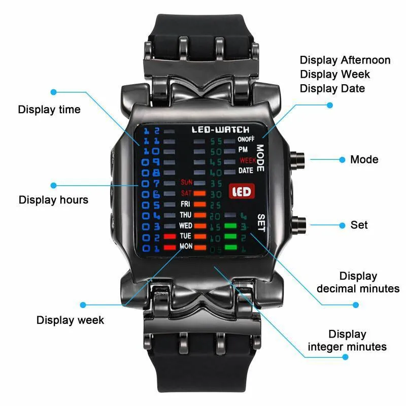 Men led Watch Creative Crab Type Electronic Watch Luminous Binary Waterproof Multi Function