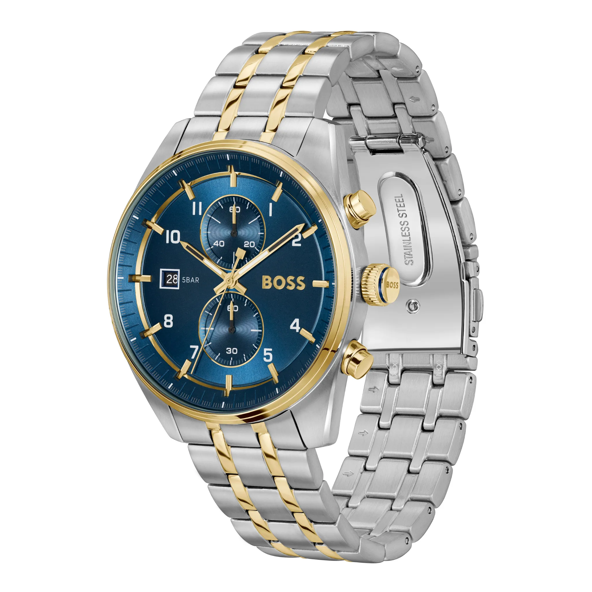 Mens BOSS Silver/Gold/Blue Skytraveller Bracelet Watch