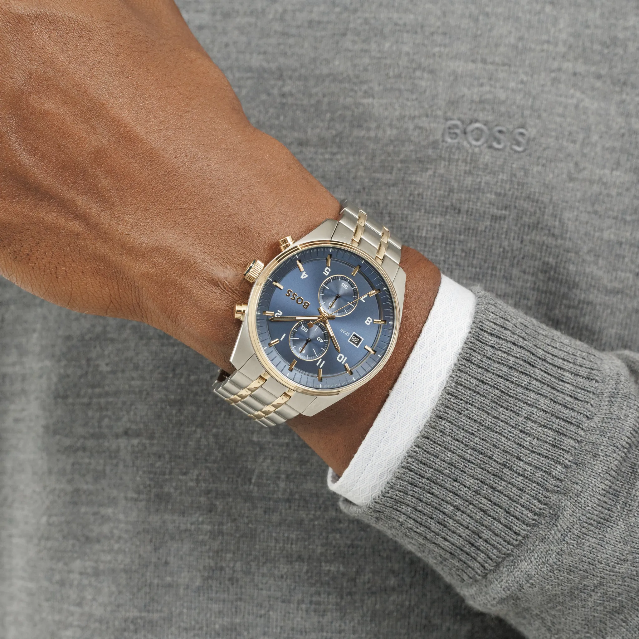 Mens BOSS Silver/Gold/Blue Skytraveller Bracelet Watch