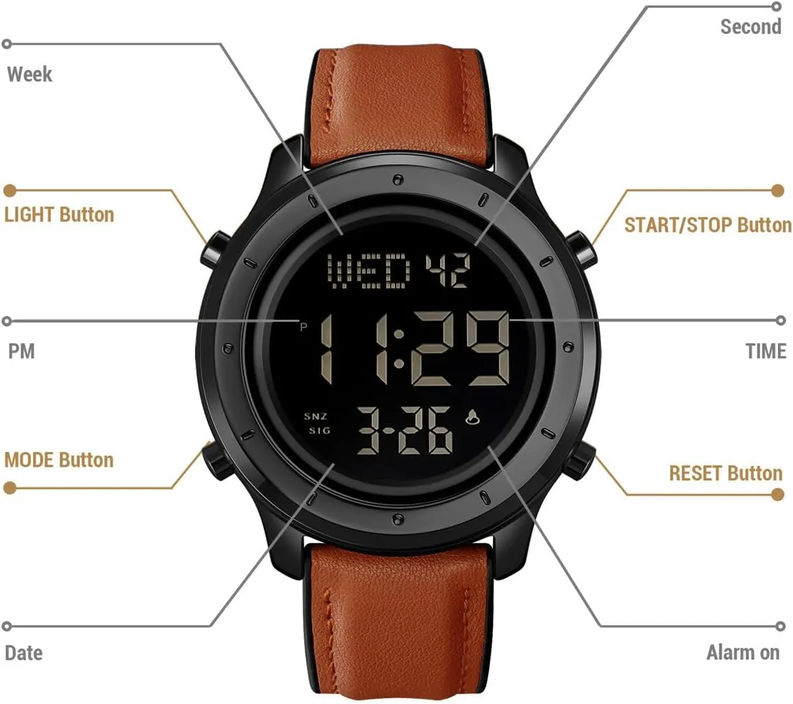 Mens Leather Watch for Men Digital Watch Men's Wrist Watches LED Minimalist Stainless Steel Waterproof Stopwatch