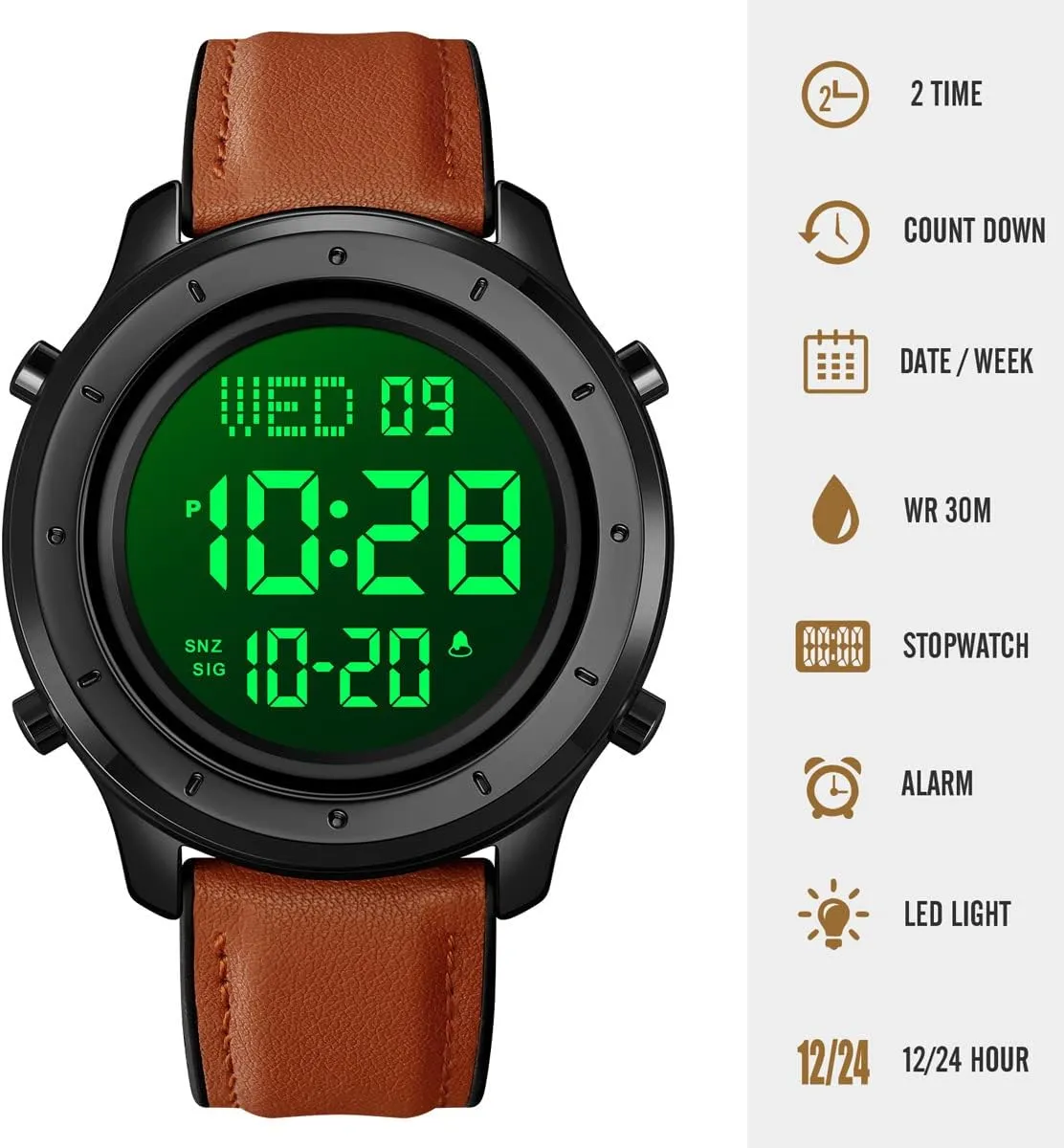 Mens Leather Watch for Men Digital Watch Men's Wrist Watches LED Minimalist Stainless Steel Waterproof Stopwatch