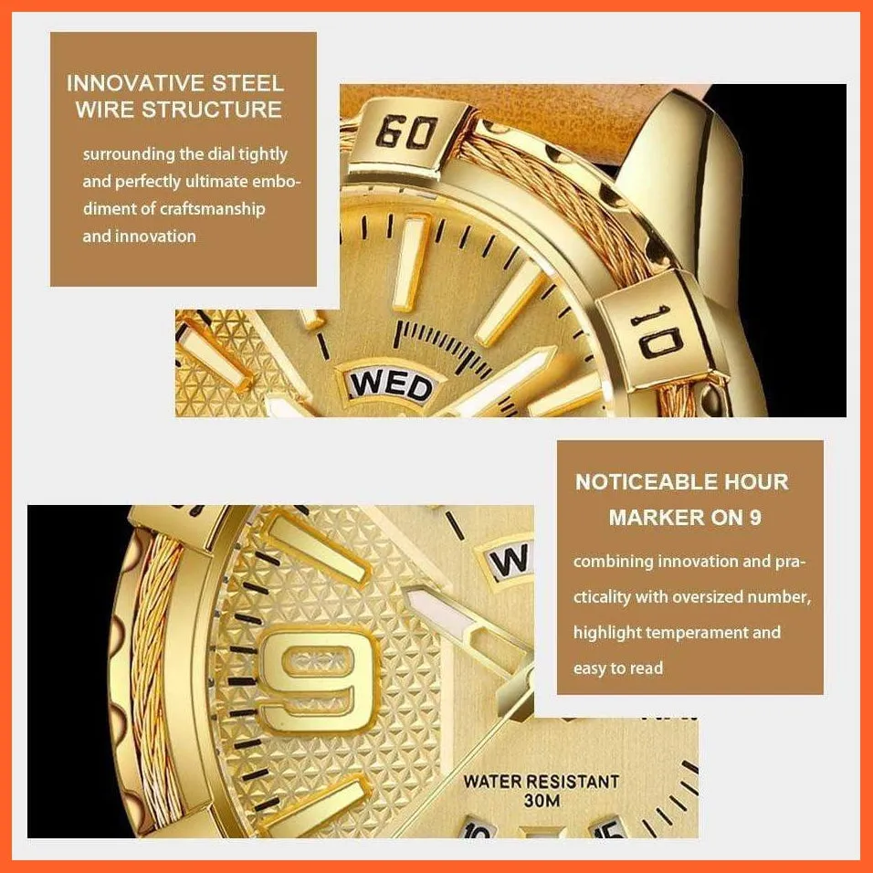 Men'S Watch Gold Luxury Sport Waterproof Military Wristwatch Clock Business Casual Leather Strap Watches For Men