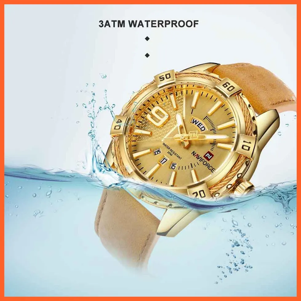 Men'S Watch Gold Luxury Sport Waterproof Military Wristwatch Clock Business Casual Leather Strap Watches For Men