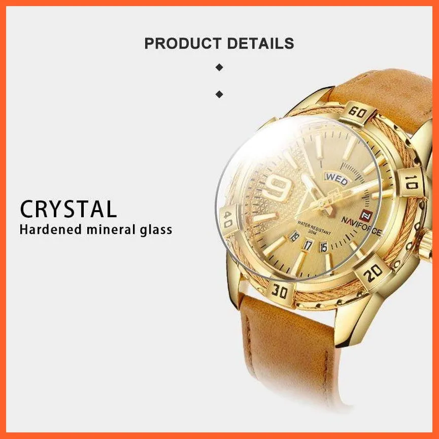 Men'S Watch Gold Luxury Sport Waterproof Military Wristwatch Clock Business Casual Leather Strap Watches For Men
