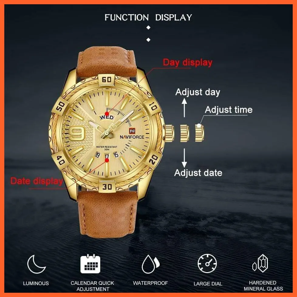 Men'S Watch Gold Luxury Sport Waterproof Military Wristwatch Clock Business Casual Leather Strap Watches For Men