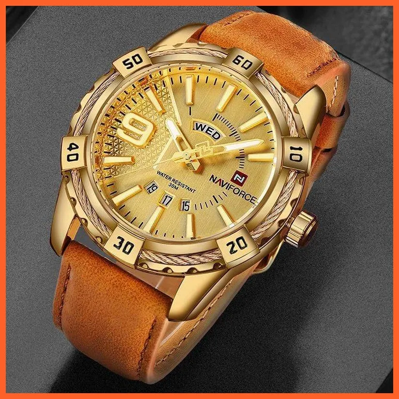 Men'S Watch Gold Luxury Sport Waterproof Military Wristwatch Clock Business Casual Leather Strap Watches For Men