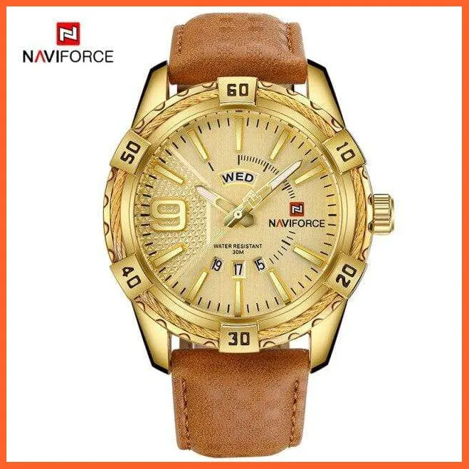 Men'S Watch Gold Luxury Sport Waterproof Military Wristwatch Clock Business Casual Leather Strap Watches For Men