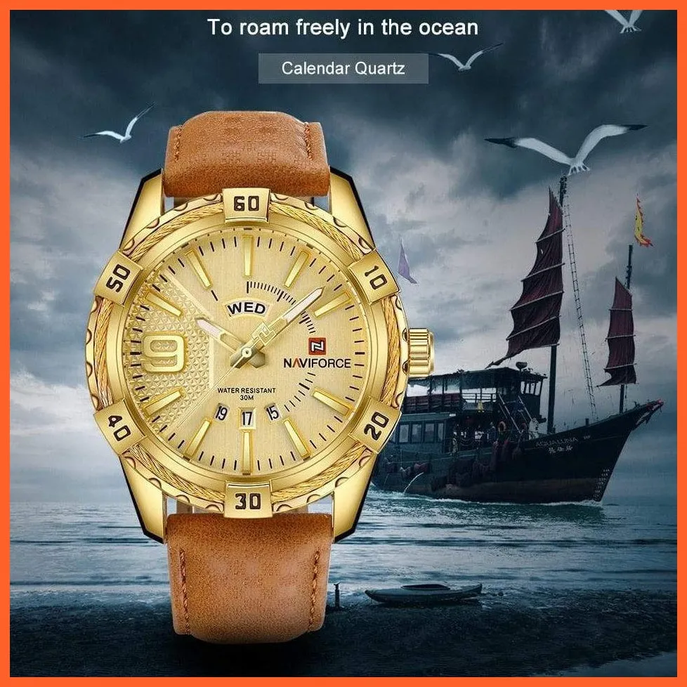 Men'S Watch Gold Luxury Sport Waterproof Military Wristwatch Clock Business Casual Leather Strap Watches For Men