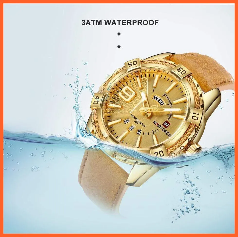 Men'S Watch Gold Luxury Sport Waterproof Military Wristwatch Clock Business Casual Leather Strap Watches For Men
