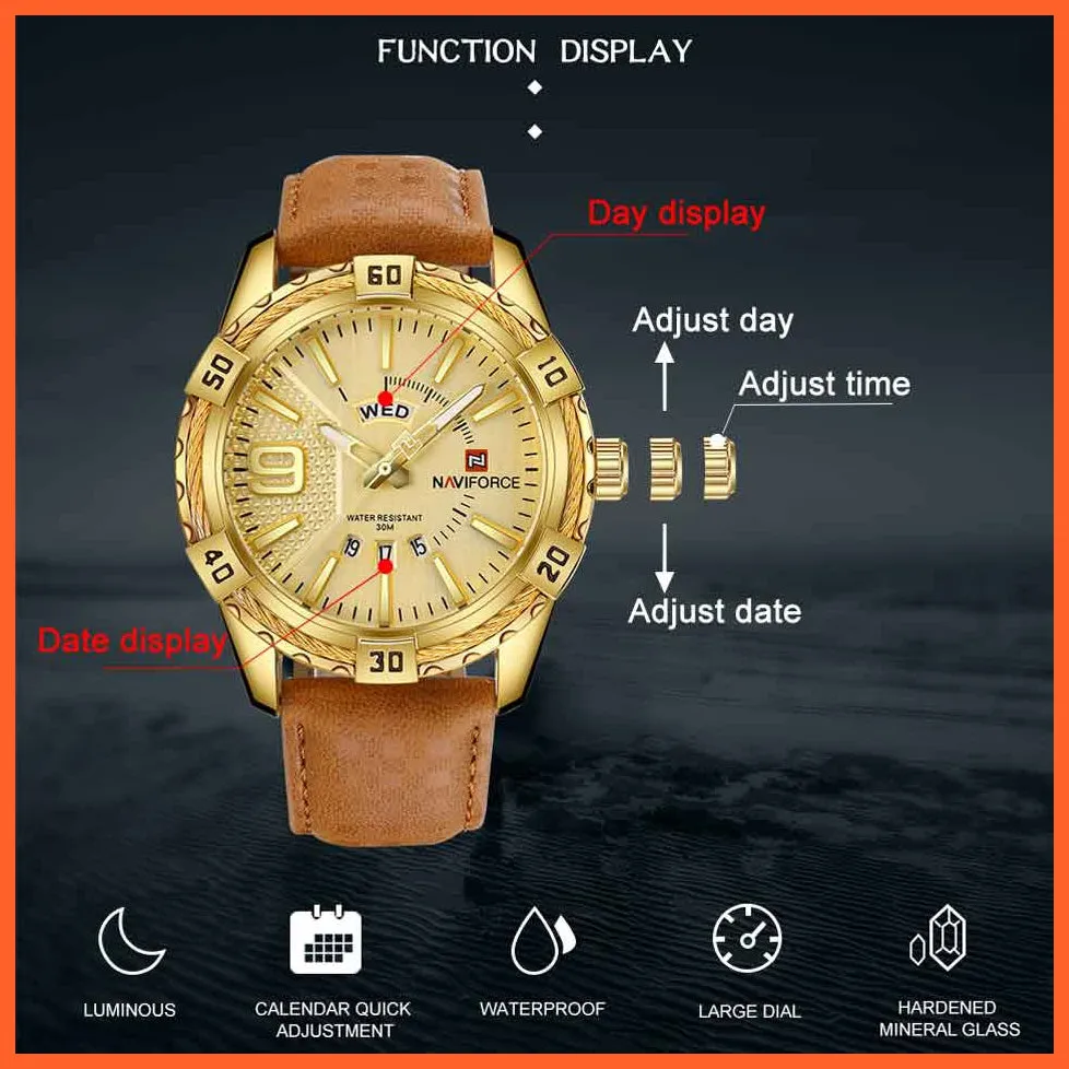 Men'S Watch Gold Luxury Sport Waterproof Military Wristwatch Clock Business Casual Leather Strap Watches For Men
