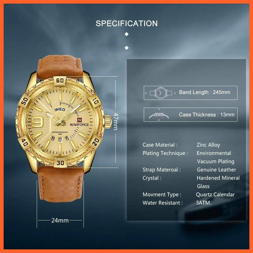 Men'S Watch Gold Luxury Sport Waterproof Military Wristwatch Clock Business Casual Leather Strap Watches For Men