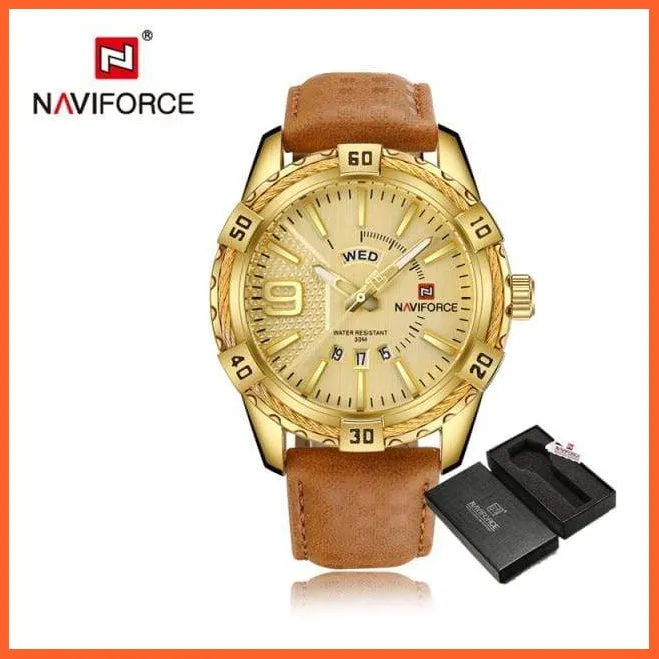 Men'S Watch Gold Luxury Sport Waterproof Military Wristwatch Clock Business Casual Leather Strap Watches For Men